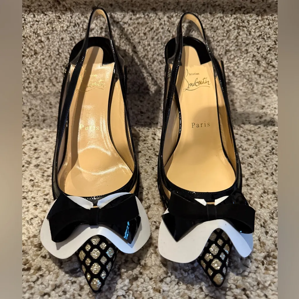 Christian Louboutin Suspenodo Glitter Flocked Patent PVC Sling 85 Pumps, size 38 - Image 2