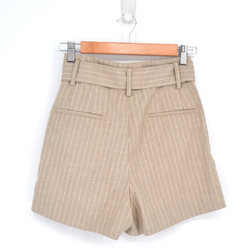 NEW Amour Vert Pleated Trouser Shorts Belted Neutral Cream Stripe Women's 0 - Image 5