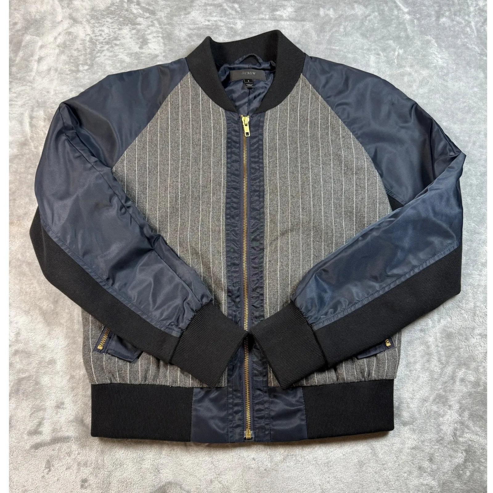 J. Crew Womens Bomber Jacket Small‎ Gray Pinstripe Wool Blend Full Zip - Image 2