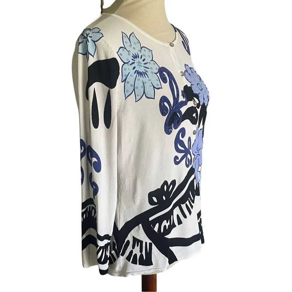 VENUE Abstract Floral Sequin Embellished Cardigan Size Large White - Image 3