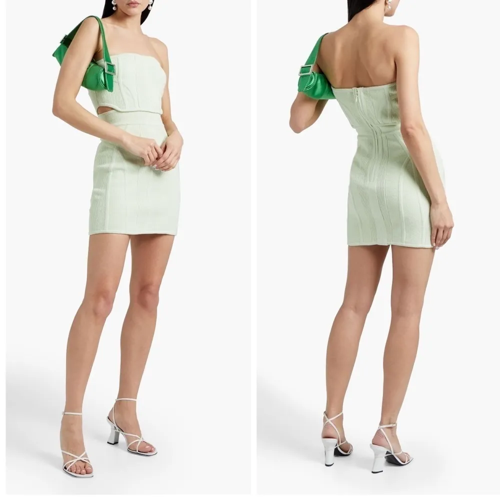 HERVÉ LÉGER Strapless Ribbed Organic Cotton Blend Boucle Mini Dress - Image 5