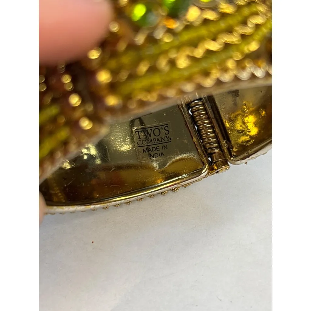 Vintage Twos Company India Gold Hinged Bangle Bracelet With Green Beading & Rhin - Image 6