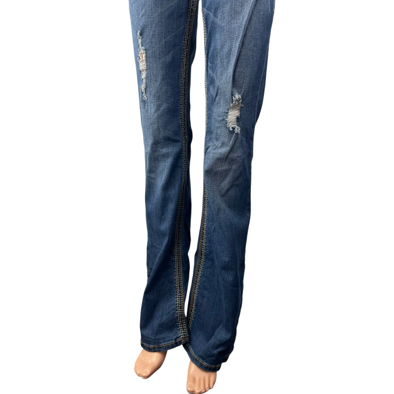 Seven7 Women's Blue Distressed Mid Rise Ripped Bootcut Denim Jeans Pants Size 27 - Image 3