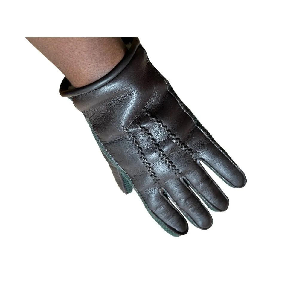 Brown Faux Leather Green Knit Accent Gloves Adjustable Strap FAux Fur Lined S/M - Image 5