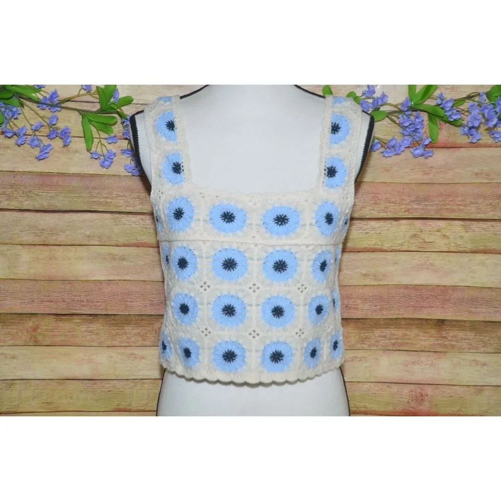 Crochet Granny Square Tank Womens Size XS Crop Top Boho Festival Beach Hippie - Image 3