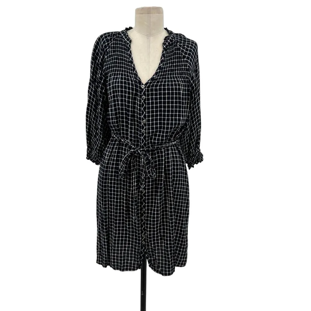 Anthropologie Maeve Sara Smocked Shirtdress Check Plaid Navy‎ Blue Size Small - Image 3