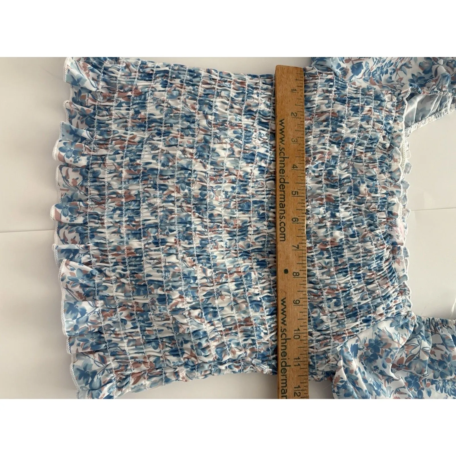 Pink Lily Milkmaid Top Size Small Blue Floral Coquette Smocked Ruffle Whimsy - Image 8