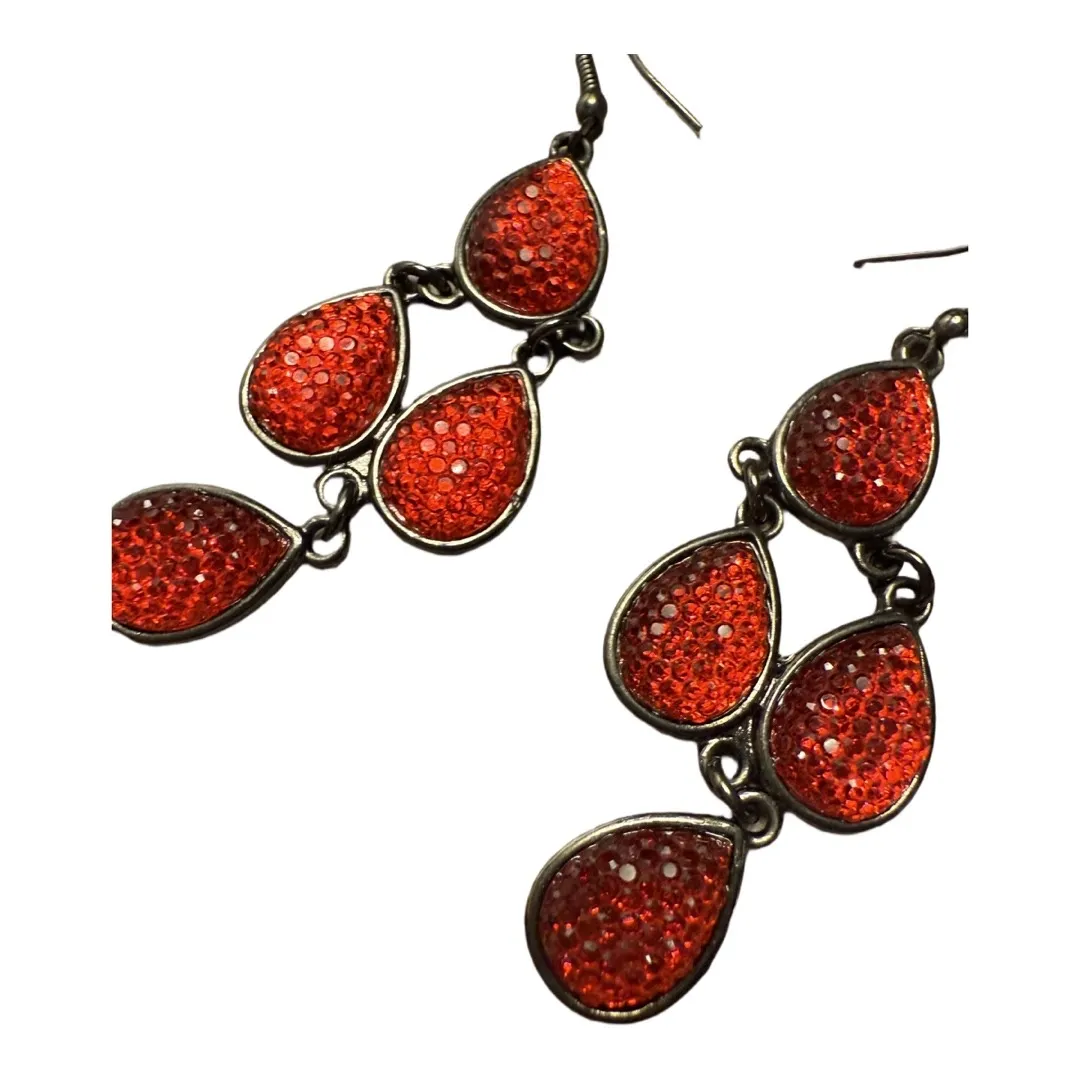 Red Crystal Three Tier Dangle Drop Earrings Teardrop Holiday Party Formal - Image 2