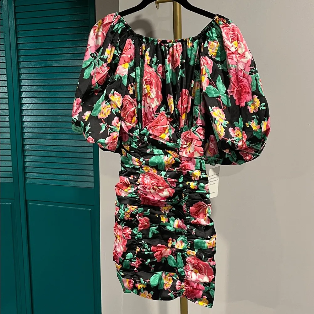 NWT For Love and Lemons Jolie Black & Coral Rushed Floral Mini Dress size XS - Image 9