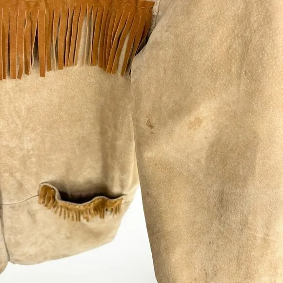 Vintage Western Leather Jacket Velvet Fringe Size‎ Medium Bohemian Giacca Tan - Image 8