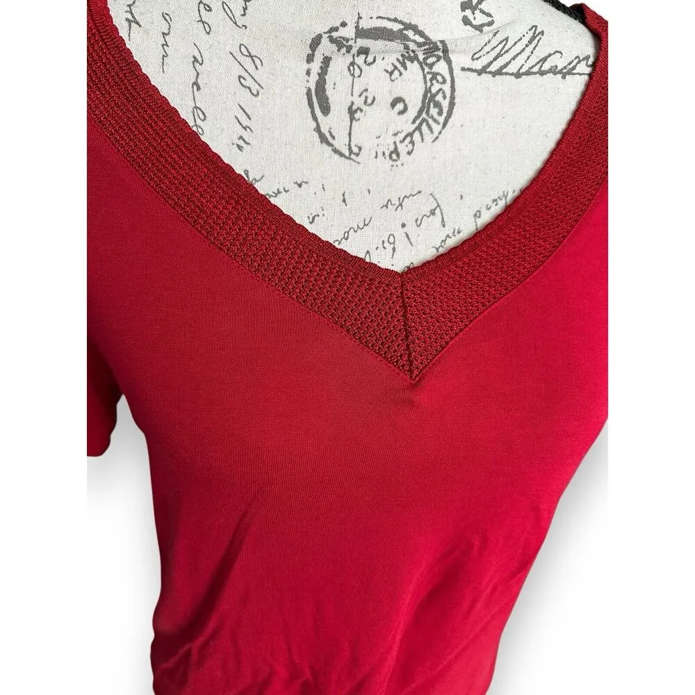 Banana Republic Women's Red Short Sleeve Crochet V-Neck Shirt Top Cropped Small - Image 3