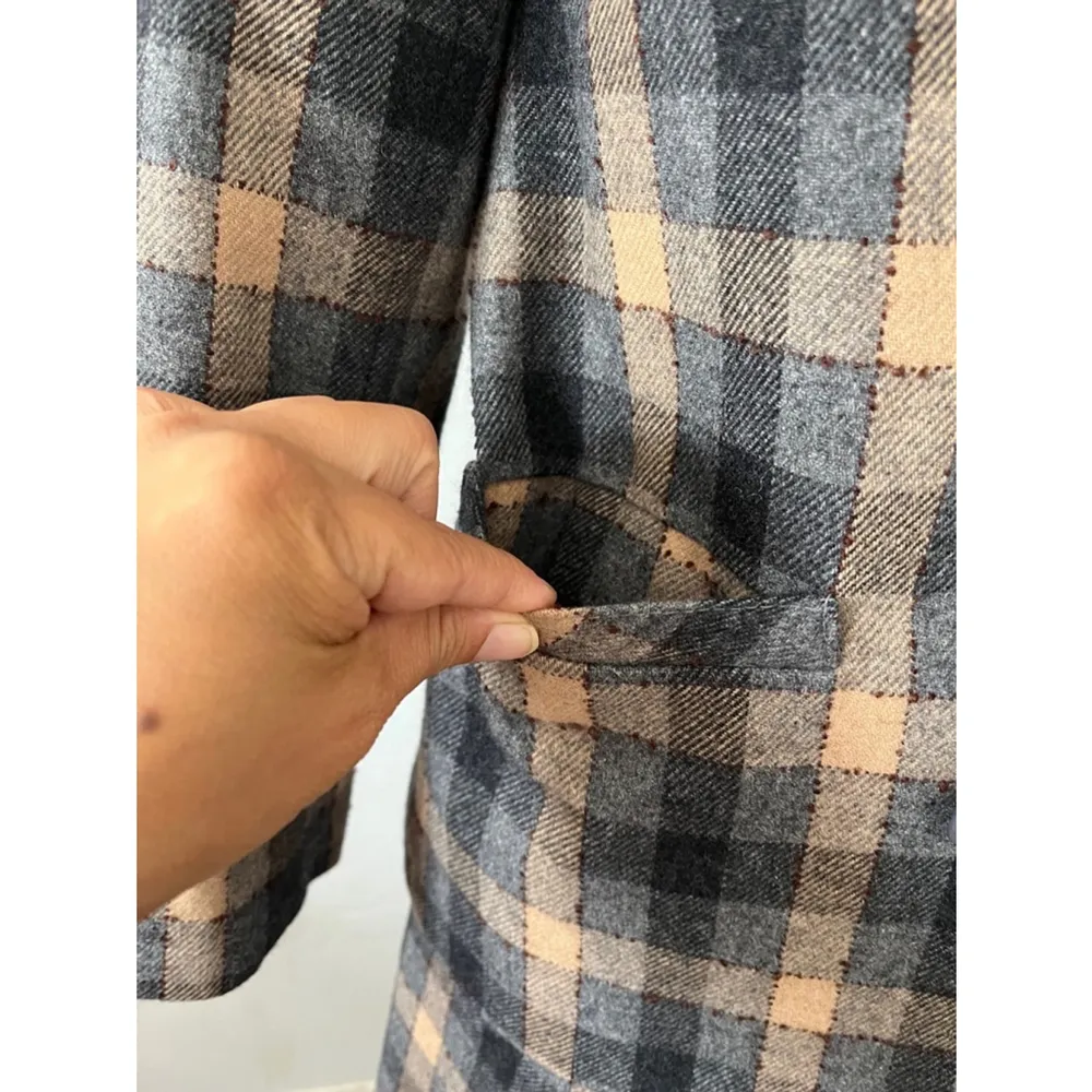 Vintage 80s beige green ruffled wool rustic plaid checkered skirt suit w/scarf S Tan Size M - Image 5