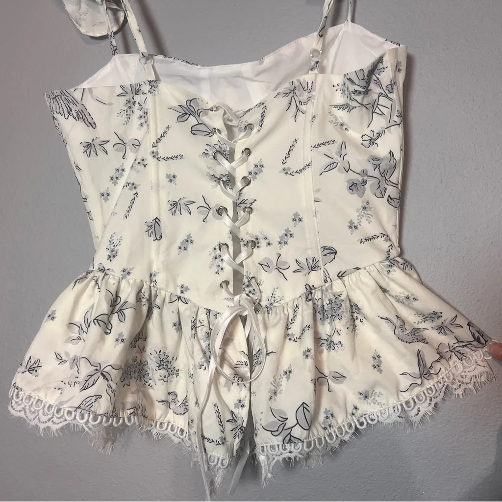 Corset Babydoll Tank Top Ruffles Cream Blue Size Medium Floral Birds Cottagecore White - Image 9