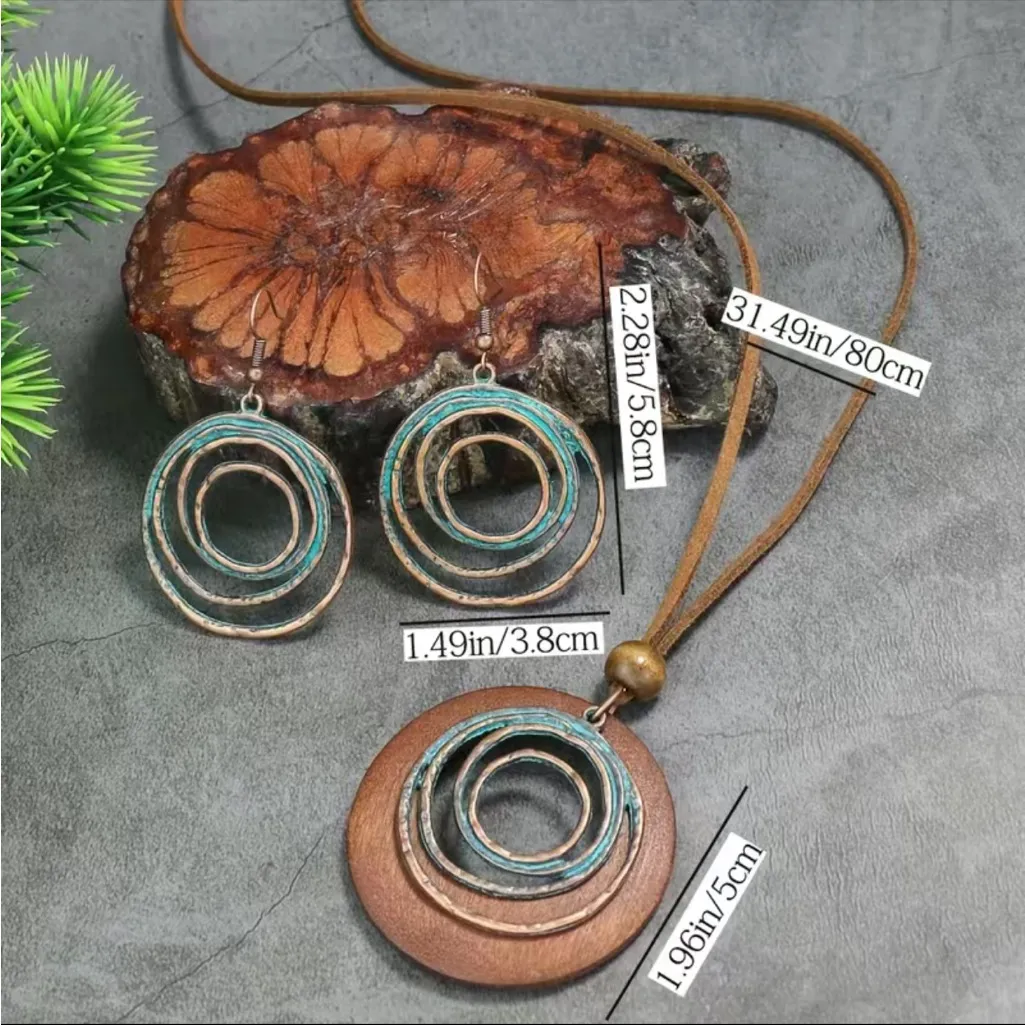 Boho Vintage Style Necklace/Earrings Set Hollow Spiral Design Zinc‎ Alloy Wood - Image 7