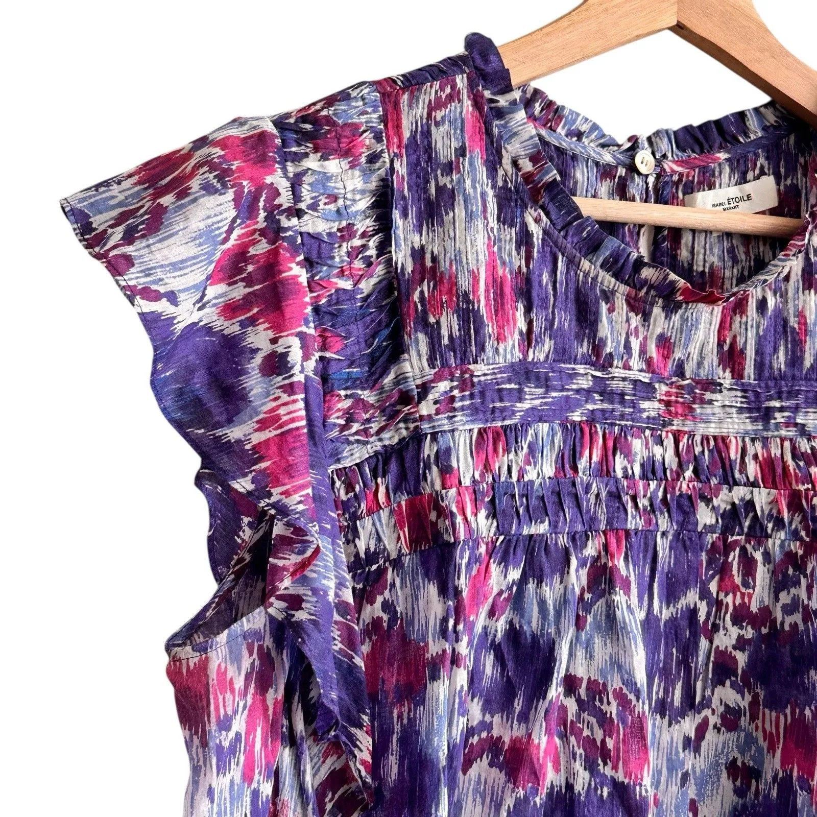 ISABEL MARANT ÉTOILE Layona Floral Ikat Flutter Cotton Ruffle Blouse Size 38 M - Image 9