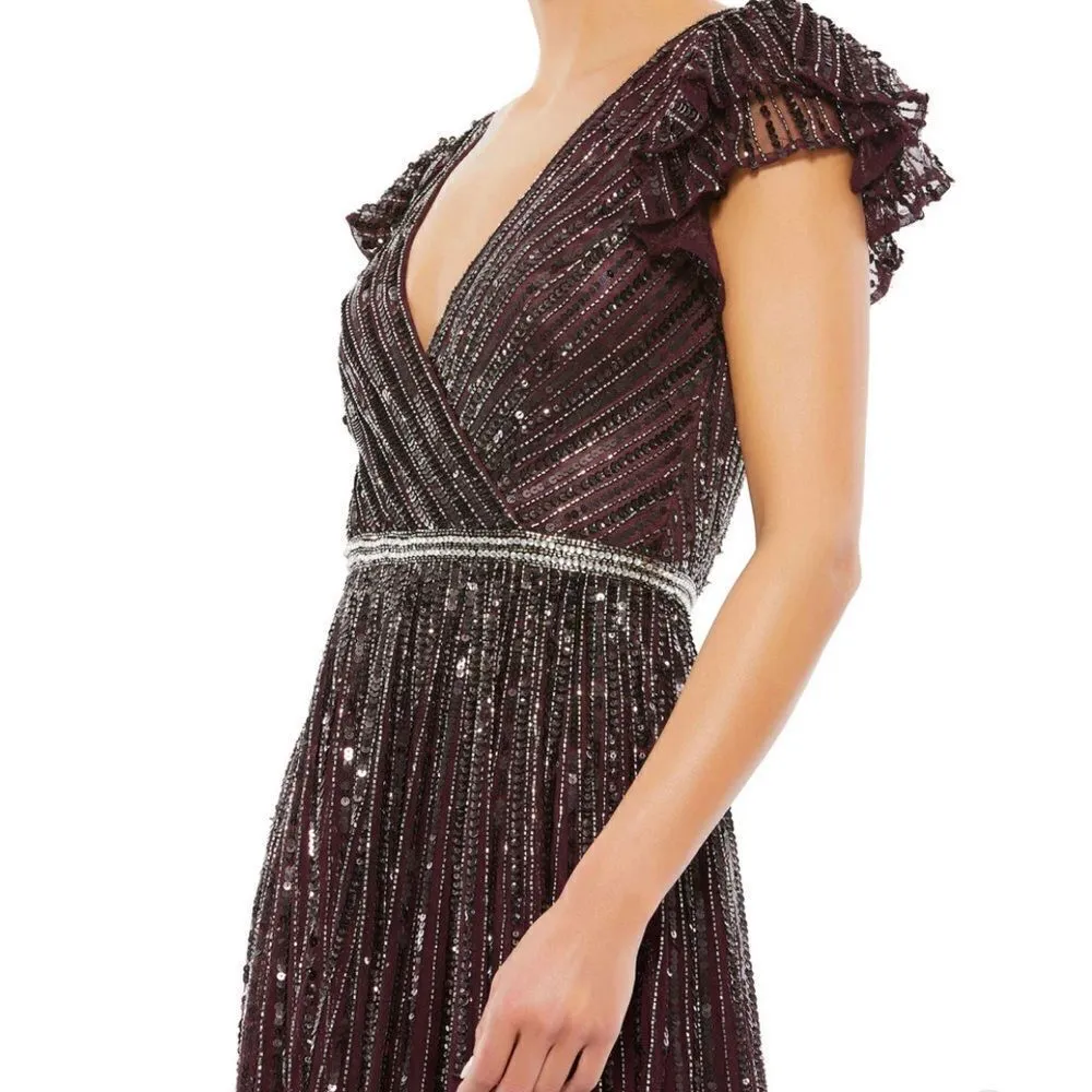 Mac Duggal Womens Purple Sequin Wrap Over Ruffle Cap Sleeve Gown Dress 5502 - Image 4