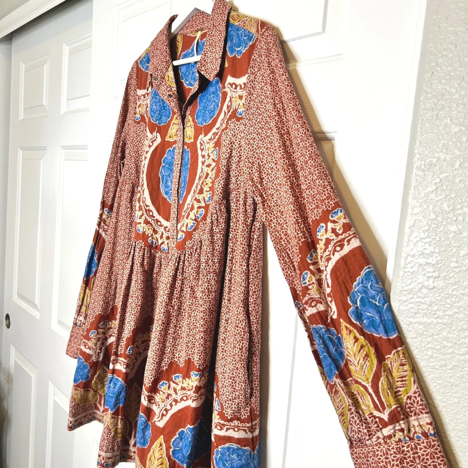 Free People Smell the Roses Boho Floral Long Sleeve Mini Shirt Dress S - Image 4