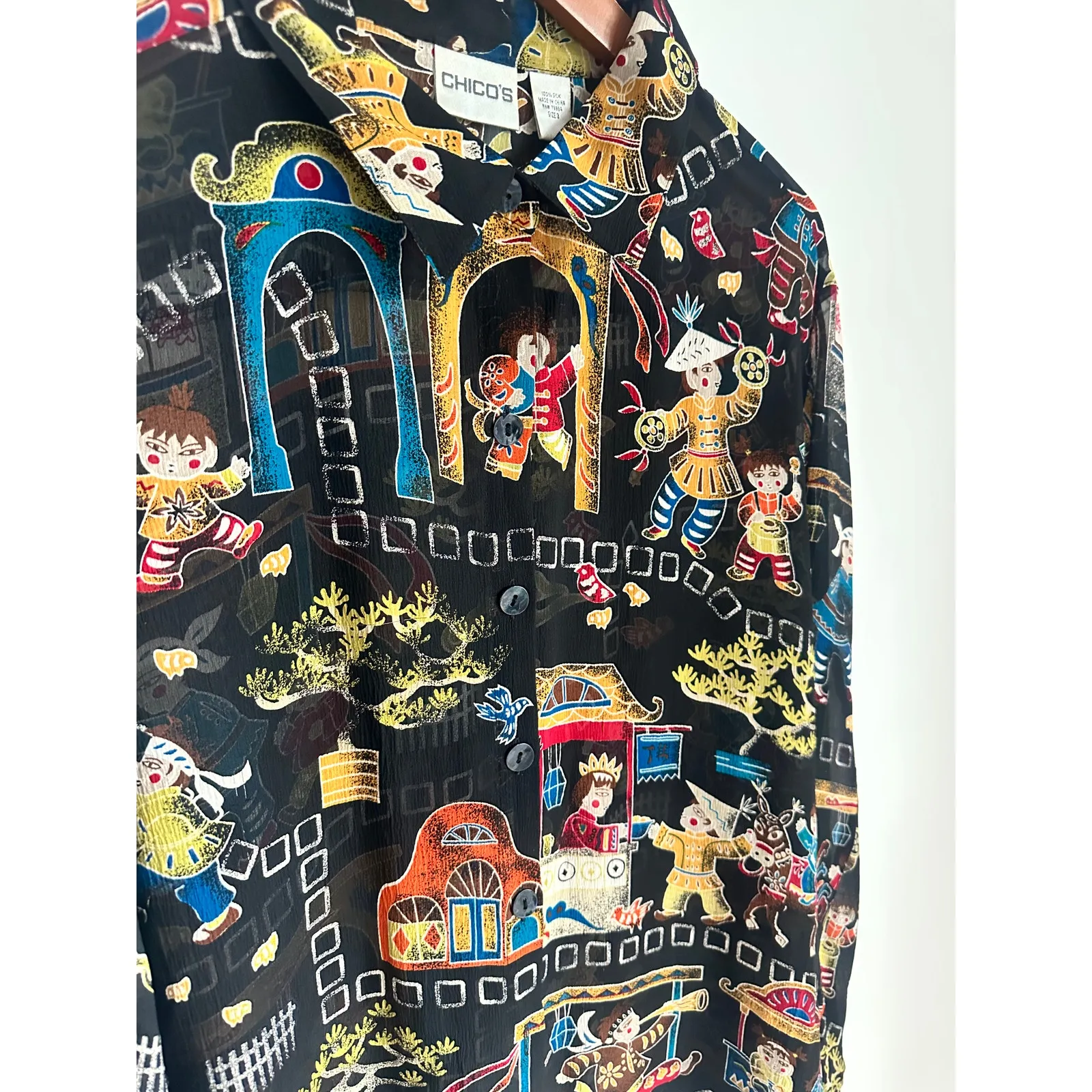 Vintage 90s Silk Asian Print Blouse Black/Multi Size 3/ Large Chicos Sheer - Image 4