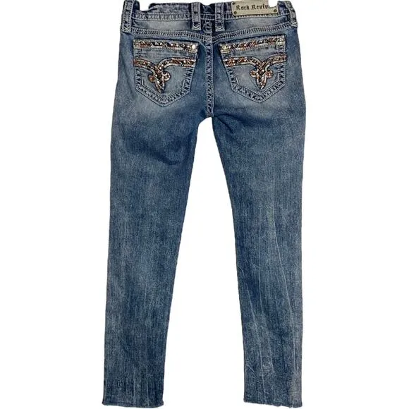 Rock Revival Sherry Skinny Jeans Embellished Hem Cut Off Medium Wash 26"x27" - Image 2