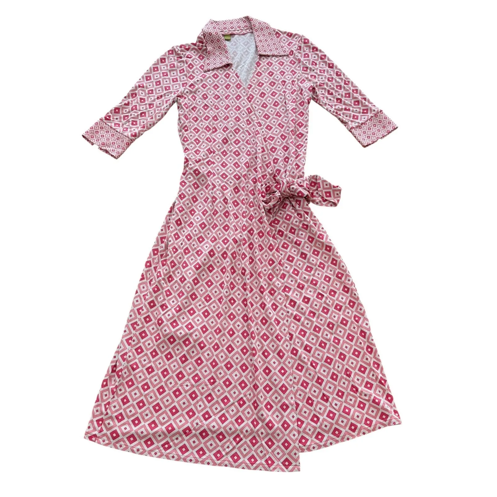 Omnia Pink Diamond Print‎ 100% Silk Midi Wrap Dress US 8 Collared Career - Image 3