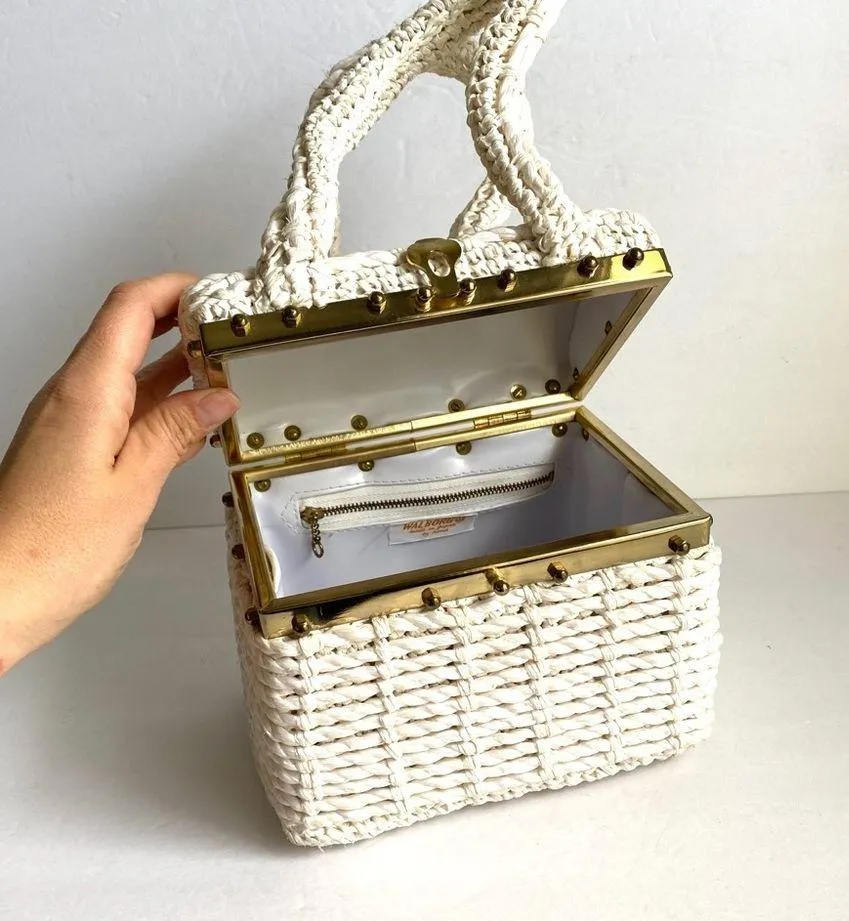 Vintage Woven Box Bag 50s 60s Trunk Straw Purse White Cottagecore Walborg Japan - Image 6