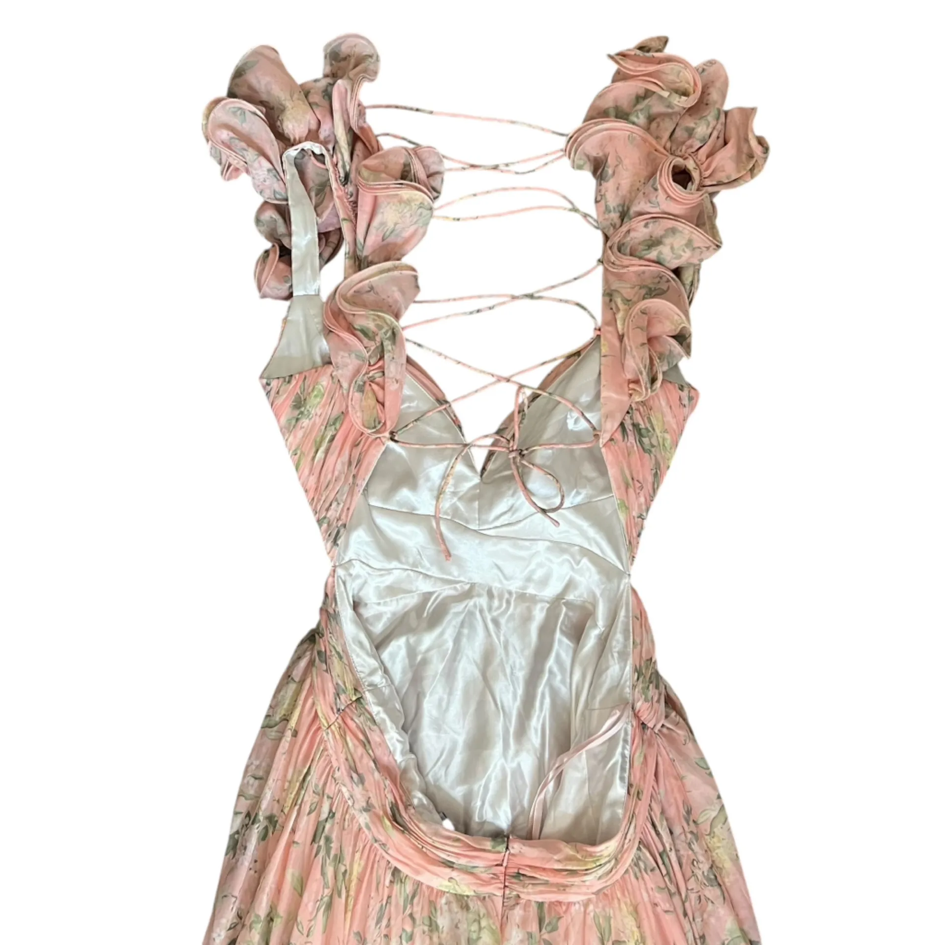 Mac Duggal Women’s Pink Combo Ruffle Cutout Floral Maxi Dress Ball Gown Size 14 - Image 8