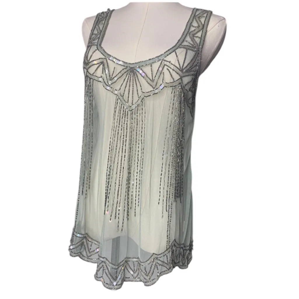 Willow & Clay Art Deco Beaded Fringe
Flapper Tank Tunic Top Pale Mint
Green M - Image 3