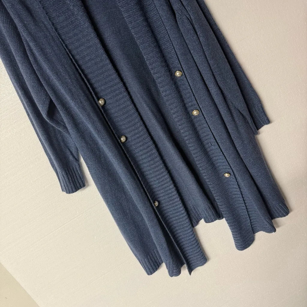 Lane Bryant Cardigan Women Plus 22 Blue Gold Pearl Button Open Front Ribbed Long - Image 4