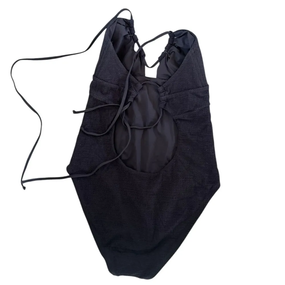 BECCA Pucker Up Candice Large Black Textured Halter Cut Out One Piece Swimsuit - Image 5