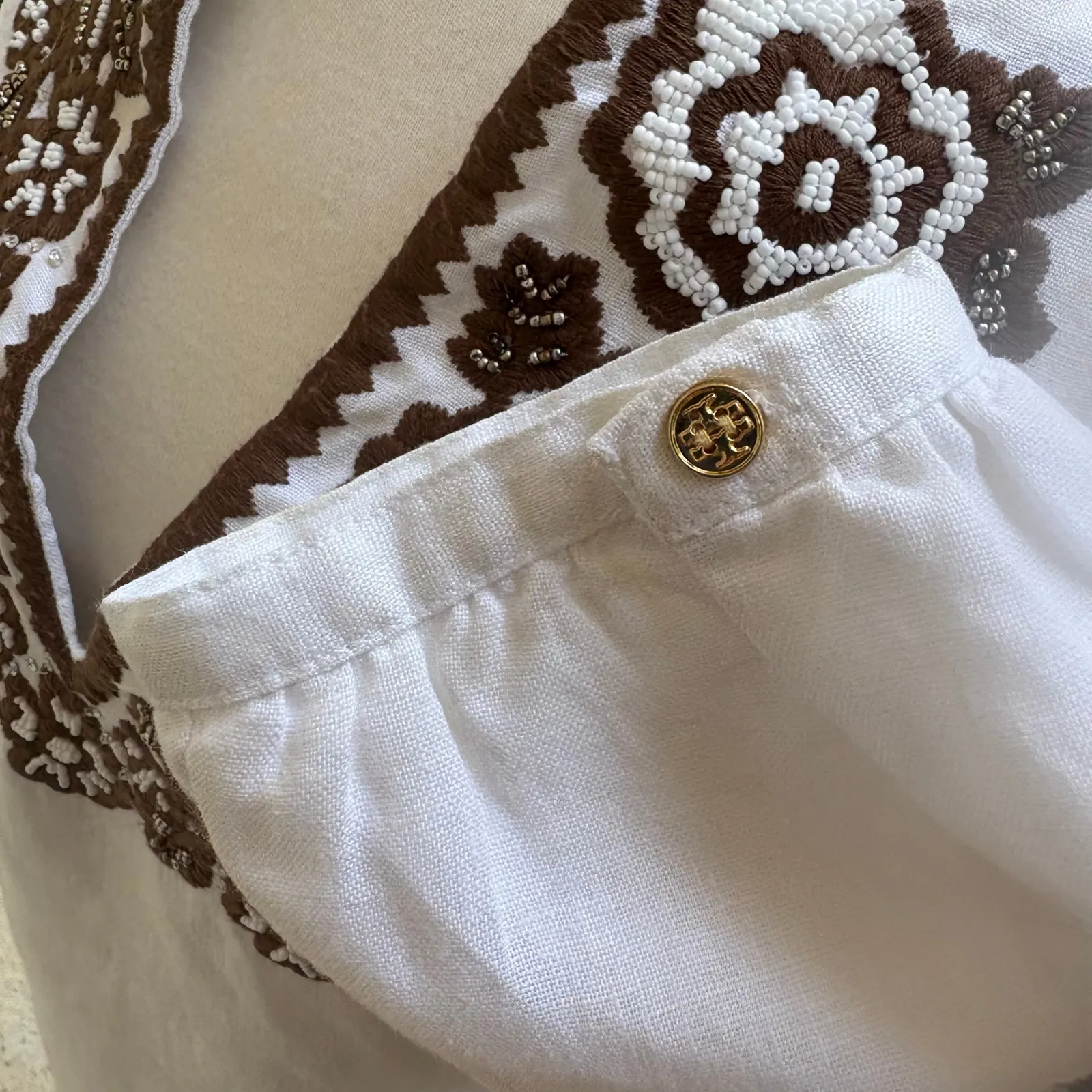 Tory Burch Beaded Mini Dress Tunic Sz 4 White Linen Brown Floral Embellished - Image 11