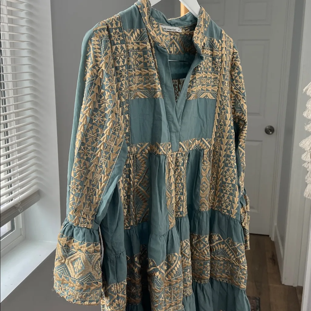 Greek Archaic Kori Adrianne Short Sleeve Gold Embroidered Ruffle Dress in Teal S Blue - Image 6