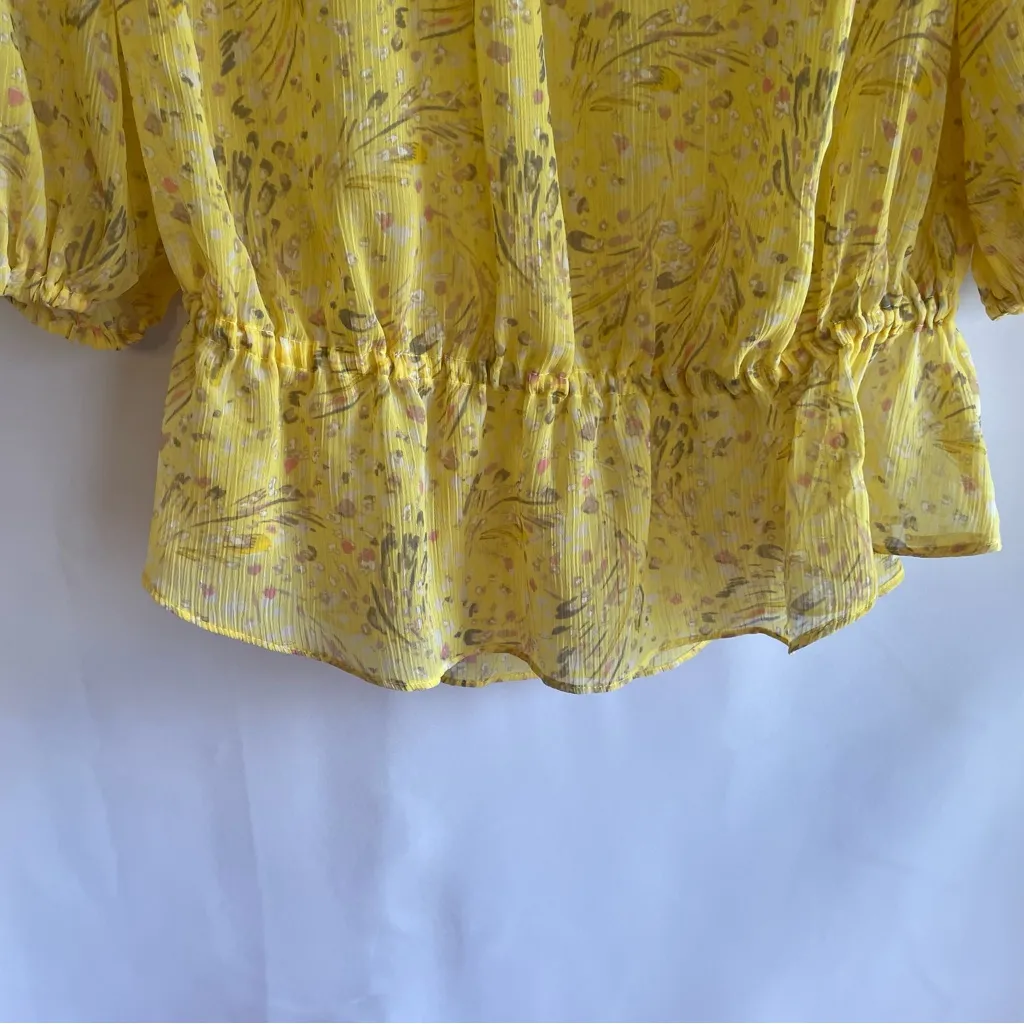 Candies Women’s Floral Yellow Peasant Blouse Smocked Waist Size Med 3/4 Sleeve - Image 7