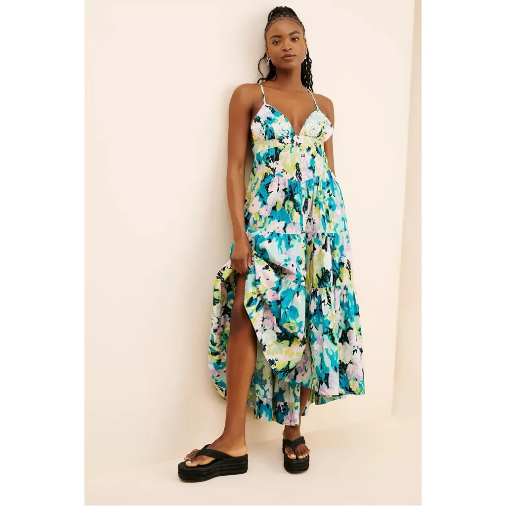 Free People Long Love Tiered Halter Midi Maxi Dress Small Embroidered Floral - Image 7