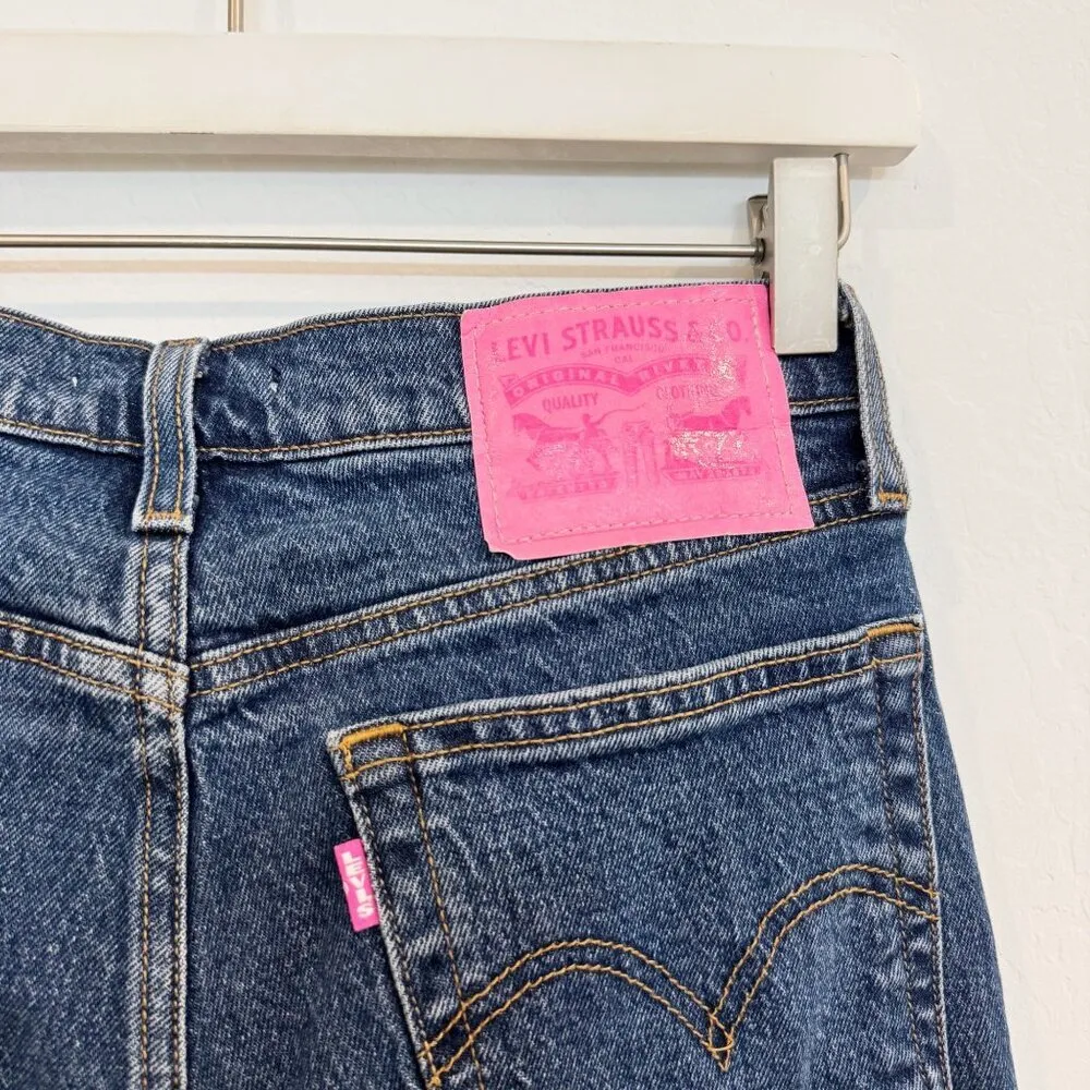 Levi’s Wedgie Straight Leg Dark Wash Blue Jeans Button‎ Fly Raw Hem Pink Size 27 - Image 7
