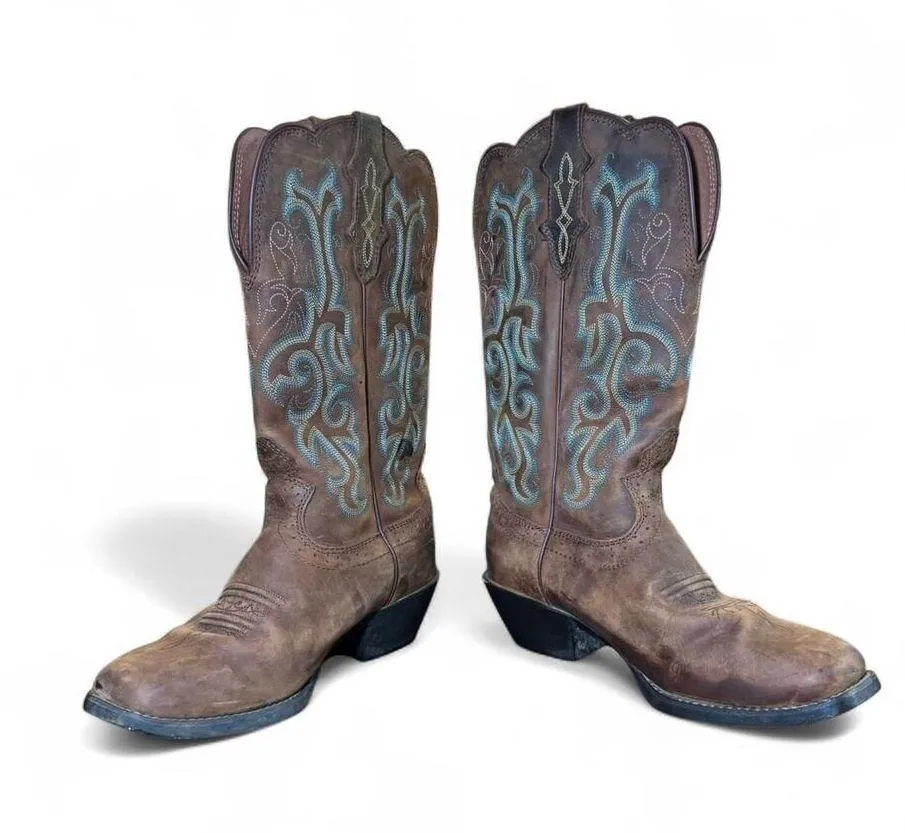 Justin Women's 12" Square Toe Stampede Western Cowboy Brown Boots size 7.5 - Image 5