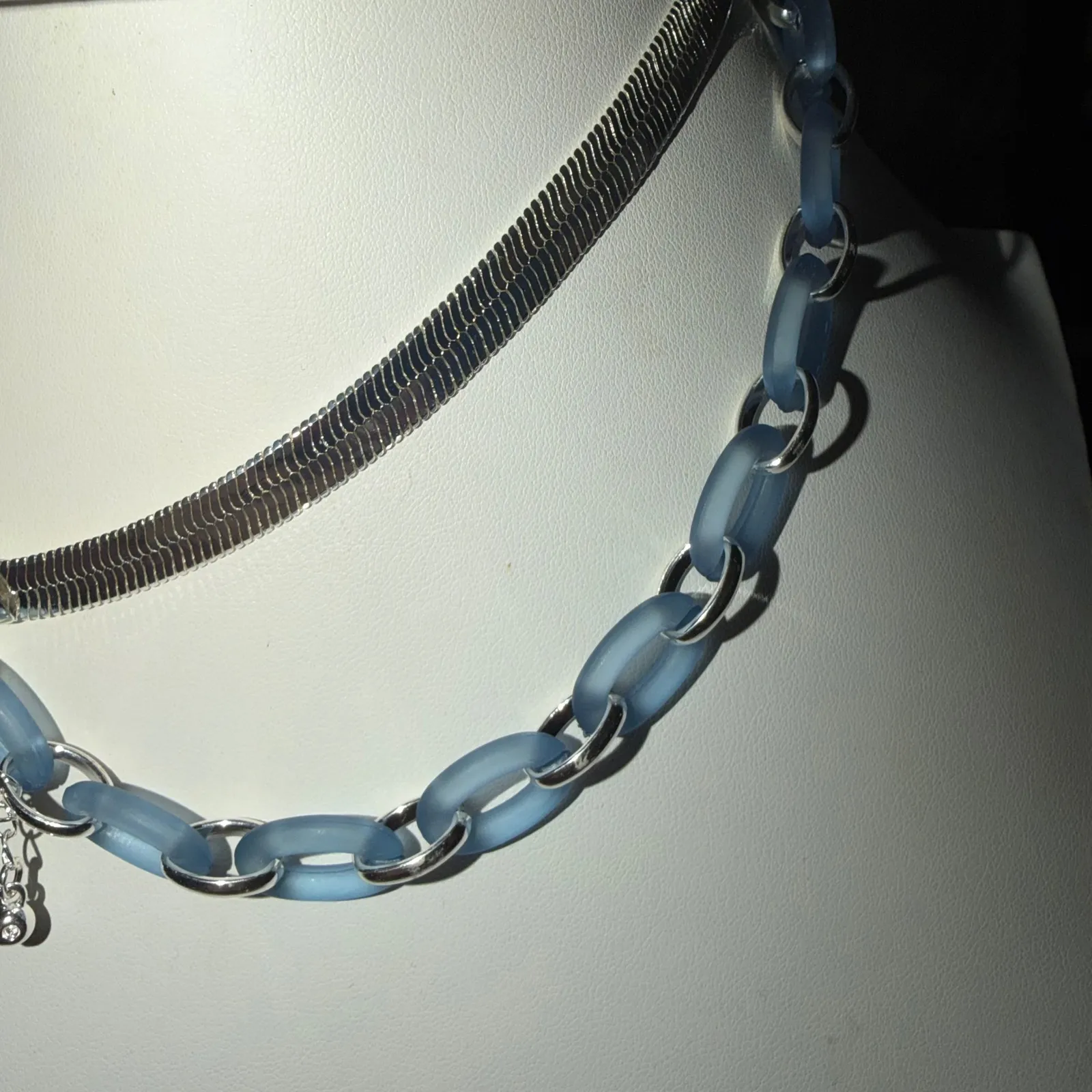 Thalia Sodi Layered Necklace Blue Acrylic Chain Silver Tone Snake - Image 5