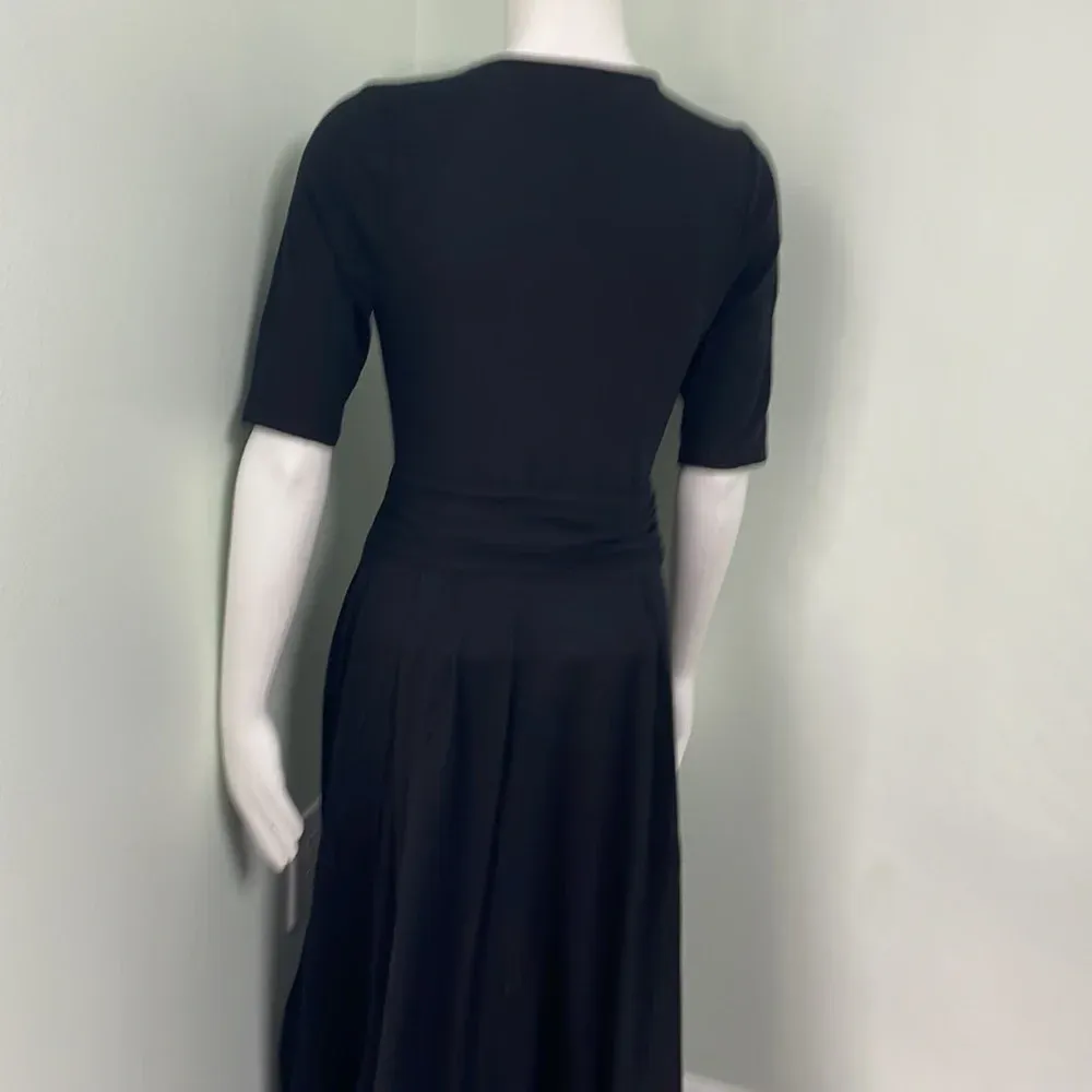 Boden Ruched Waist Midi Dress Womens Size 6 Black Short Sleeve Casual LBD Knit - Image 6