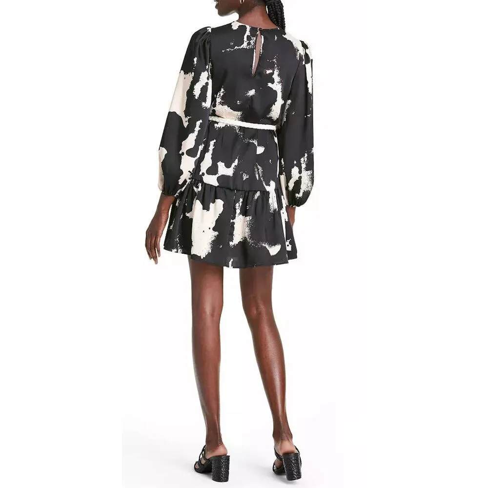 Alexis‎ x Target Long Sleeve Rope Belt Tiered Mini Dress Black White Print, Sz M Size M - Image 14