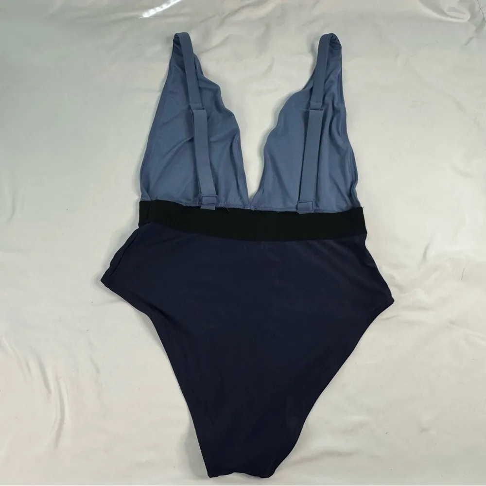 Aerie One Piece Swimsuit Size L Blue Colorblock Deep V Neck Pin Up Open Back - Image 5