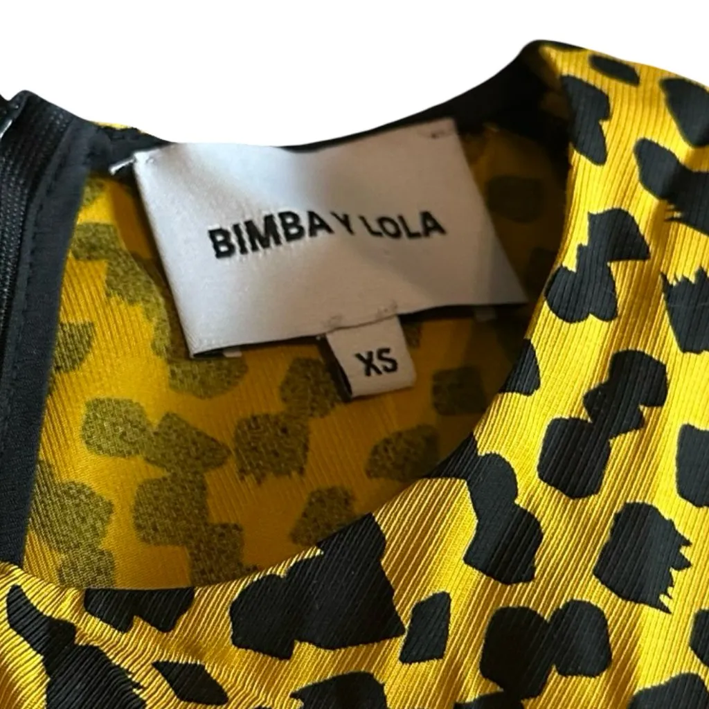 Bimba Y Lola Yellow Black Print Shift Dress Asymmetrical Unique Bold Size XS - Image 11