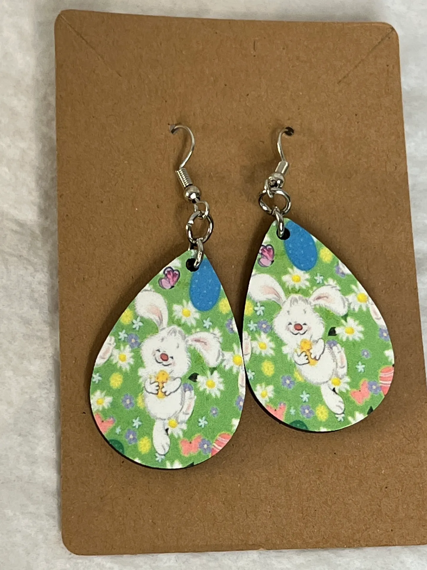 Easter Bunny Green Teardrop Dangle Pierced Earrings - Image 2