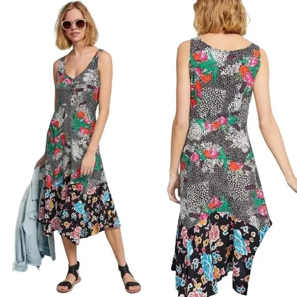 Anthropologie Maeve Violette Midi Dress Mixed Floral Button Front Boho Black 2 - Image 2