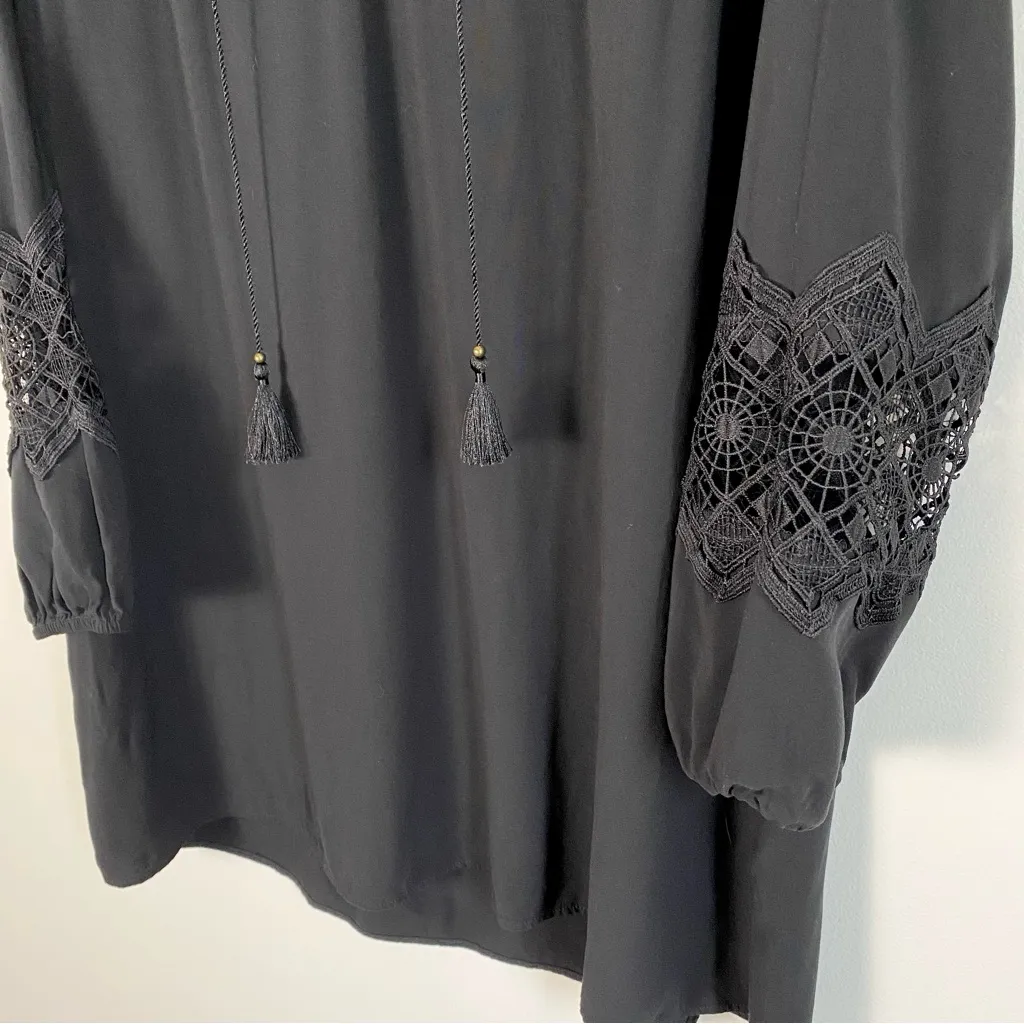 Express Crochet Lace Inset Mini Dress Tunic Cover Up Medium Black Boho Bohemian - Image 6