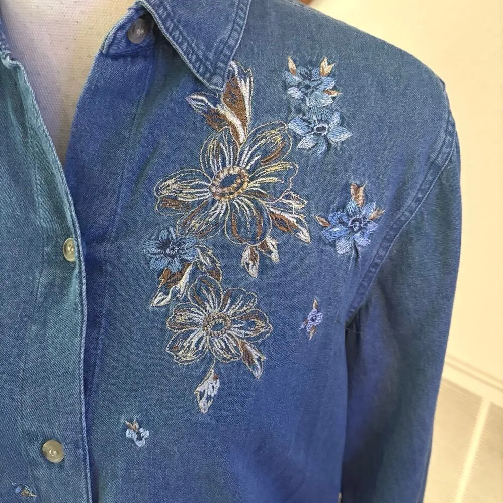 Vintage Victoria Jones Size S Floral Embroidered Denim Jean Shirt Button Front - Image 3