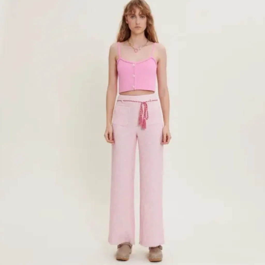 Maje Tweed Wide Leg Trousers Pants With Braided Belt Pink Size 36 US 4 - Image 5