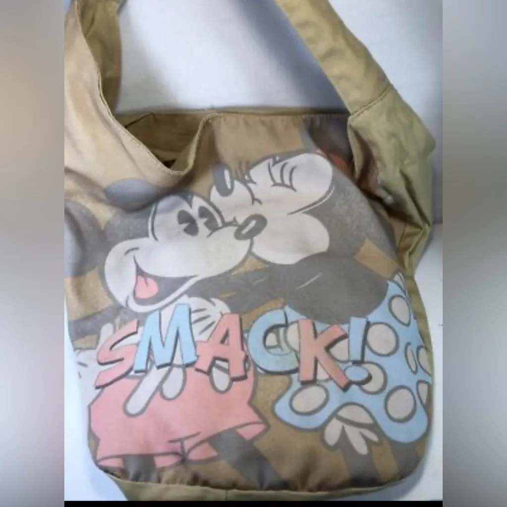 Disney Mickey & Minnie Kissing “Smack!” Retro Tote Bag Tan Large - Image 2