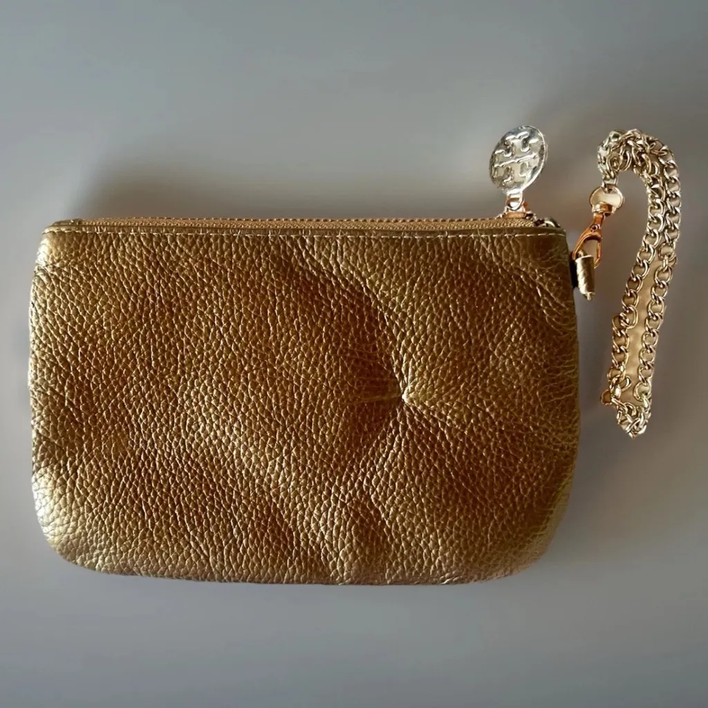 Tory Burch Pebble Leather Wristlet Zip Coin Card Purse Metallic Gold Rare 7”x5” - Image 2
