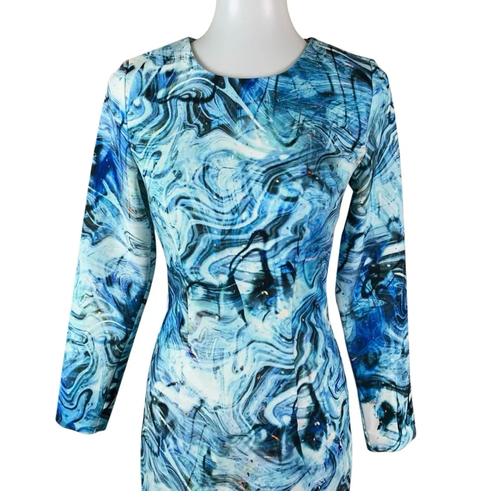 Clove Blue Marble Bodycon Dress Long Sleeve Abstract Print Petite 2P - Image 2