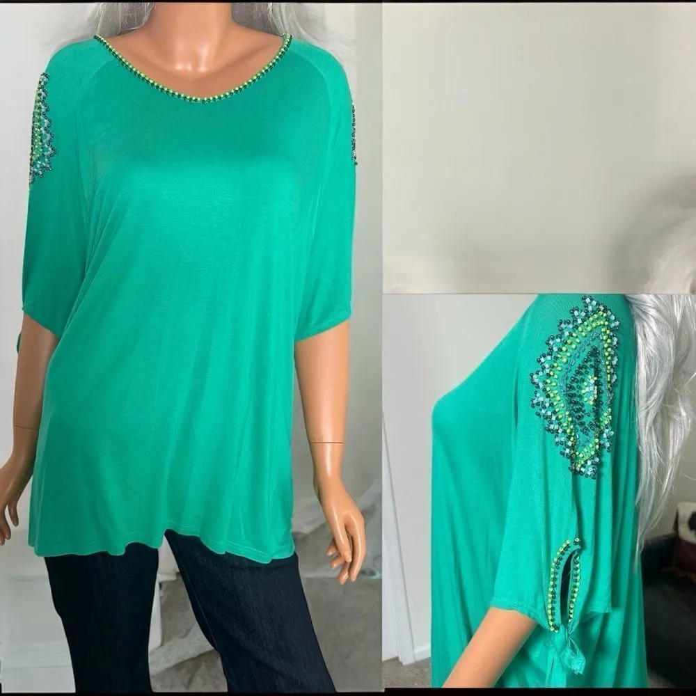 Double D Ranch Green Beaded Tunic Top Boho South Western Size XL Festival Rare Blue - Image 2