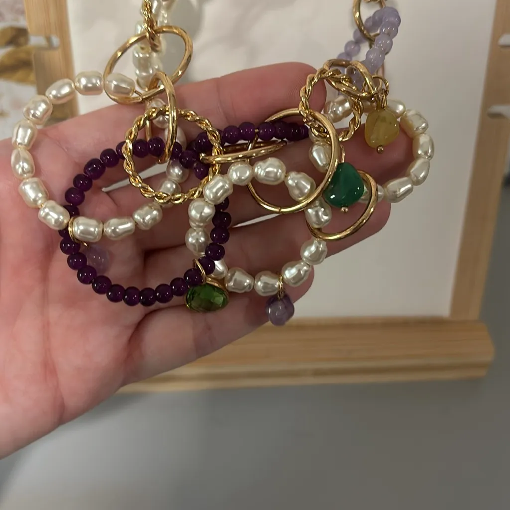 Zara Faux Pearl Bead and Stone Necklace Gold Tone - Image 2